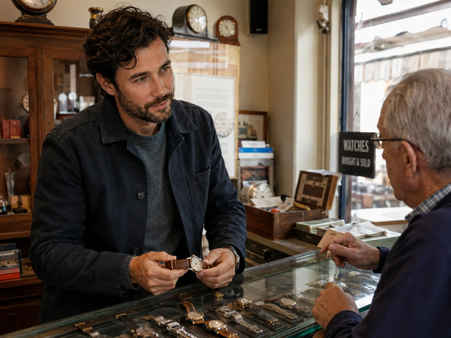 Ethan Cole examining a vintage watch with a watch dealer