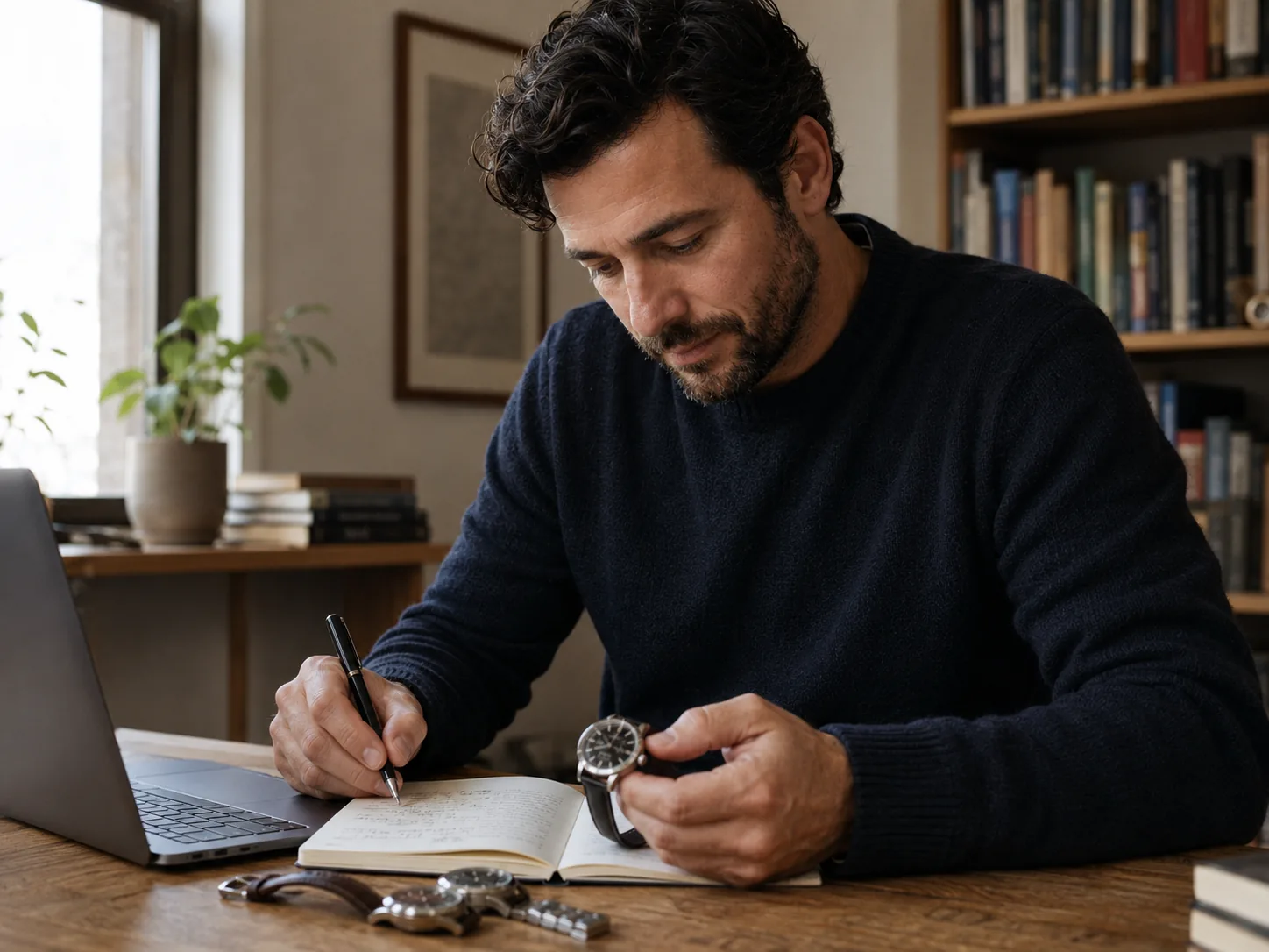 Ethan Cole comparing watches while preparing a review