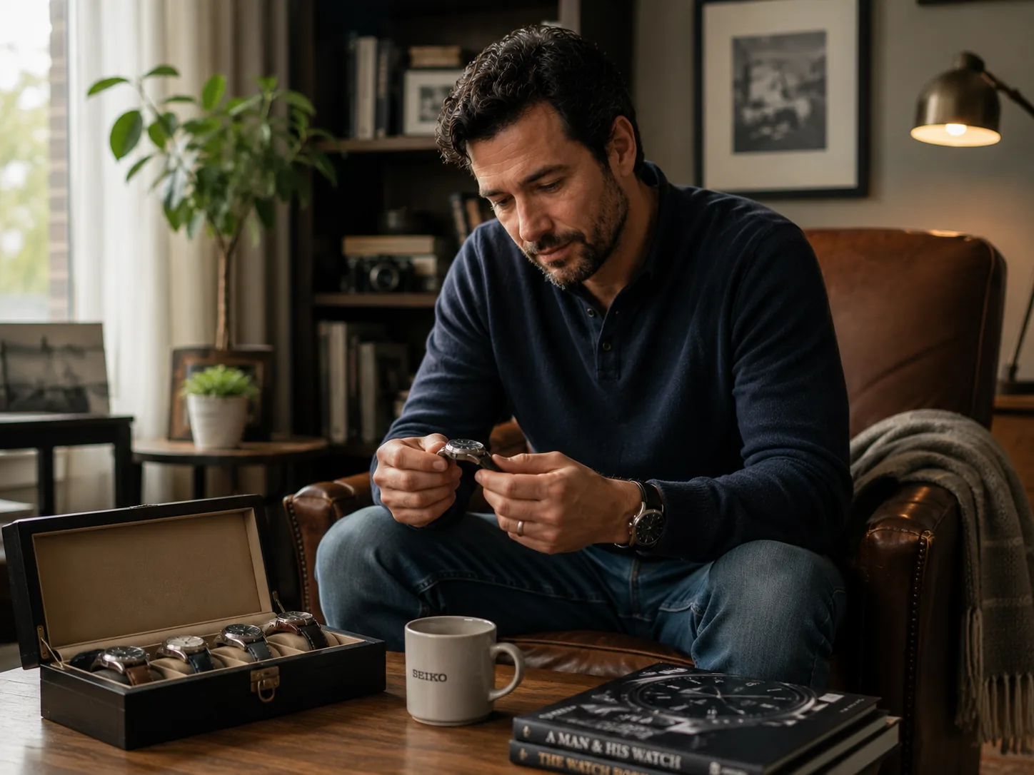 Ethan Cole looking through his personal wristwatch collection at home